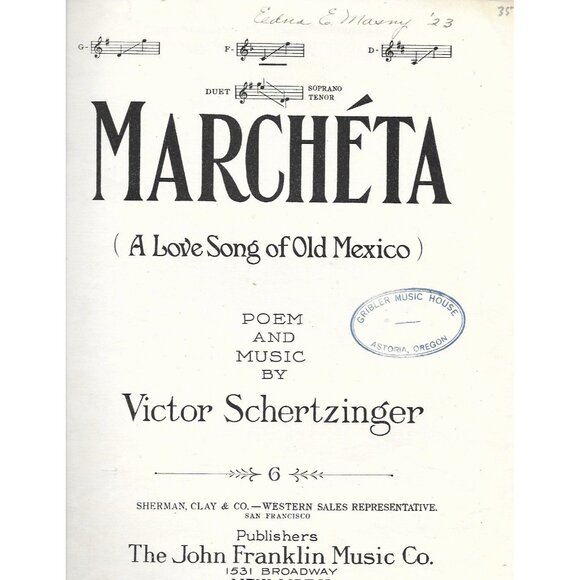 The John Franklin Music Co. Other - 1923 Marcheta Sheet Music Victor Schertzinger Old Mexico Serenade Piano